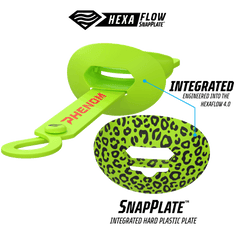 Phenom Elite HexaFlow 4.0 SnapPlate Slime Leopard football mouthguard — technical detail showing HexaFlow vent channels and SnapPlate construction