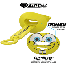 Phenom Elite x Nickelodeon SpongeBob HexaFlow 4.0 SnapPlate football mouthguard — technical detail showing HexaFlow vent channels and SnapPlate construction