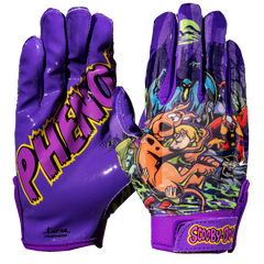 Phenom Elite x Scooby-Doo Unmasked VPS1 Vapor-Stick football gloves — purple, green, yellow, black villain artwork, main product shot