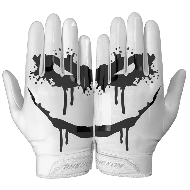 Phenom Elite Sinister VPS1 Vapor-Stick football gloves — black and white horror-themed Sinister Face design, main product shot
