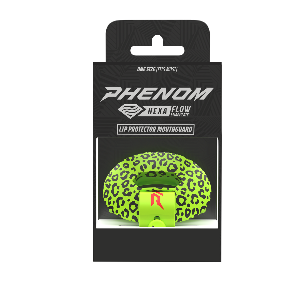 Phenom Elite HexaFlow 4.0 SnapPlate Slime Leopard football mouthguard — packaged box shot with slime green leopard print SnapPlate overlay