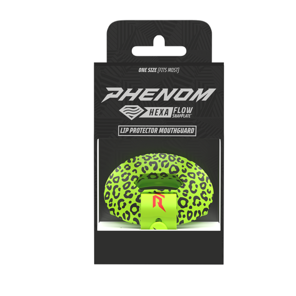 Phenom Elite HexaFlow 4.0 SnapPlate Slime Leopard football mouthguard — packaged box shot with slime green leopard print SnapPlate overlay