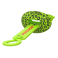 Phenom Elite HexaFlow 4.0 SnapPlate Slime Leopard football mouthguard — side view of slime green leopard print hard-shell overlay with dangle strap