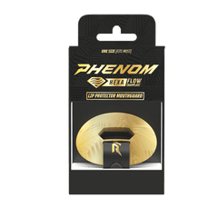 Phenom Elite HexaFlow 4.0 SnapPlate Black Gold Rush football mouthguard — packaged box shot with black and gold SnapPlate overlay