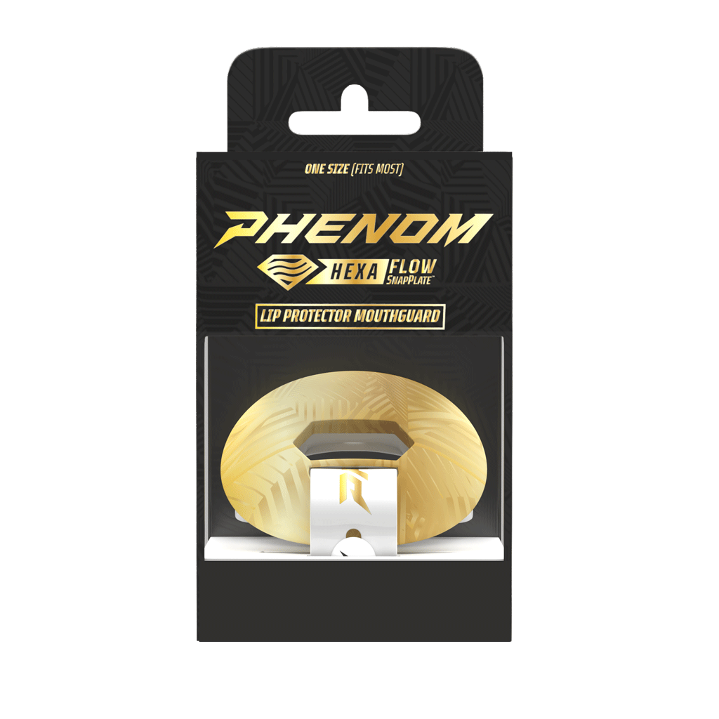 Phenom Elite HexaFlow 4.0 SnapPlate White Gold Rush football mouthguard — packaged box shot with white and gold SnapPlate overlay