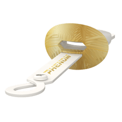 Phenom Elite HexaFlow 4.0 SnapPlate White Gold Rush football mouthguard — side view of white and gold hard-shell overlay with dangle strap