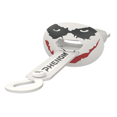 Phenom Elite x DC Comics The Joker HexaFlow 4.0 SnapPlate football mouthguard — side view of Joker-themed hard-shell overlay with dangle strap