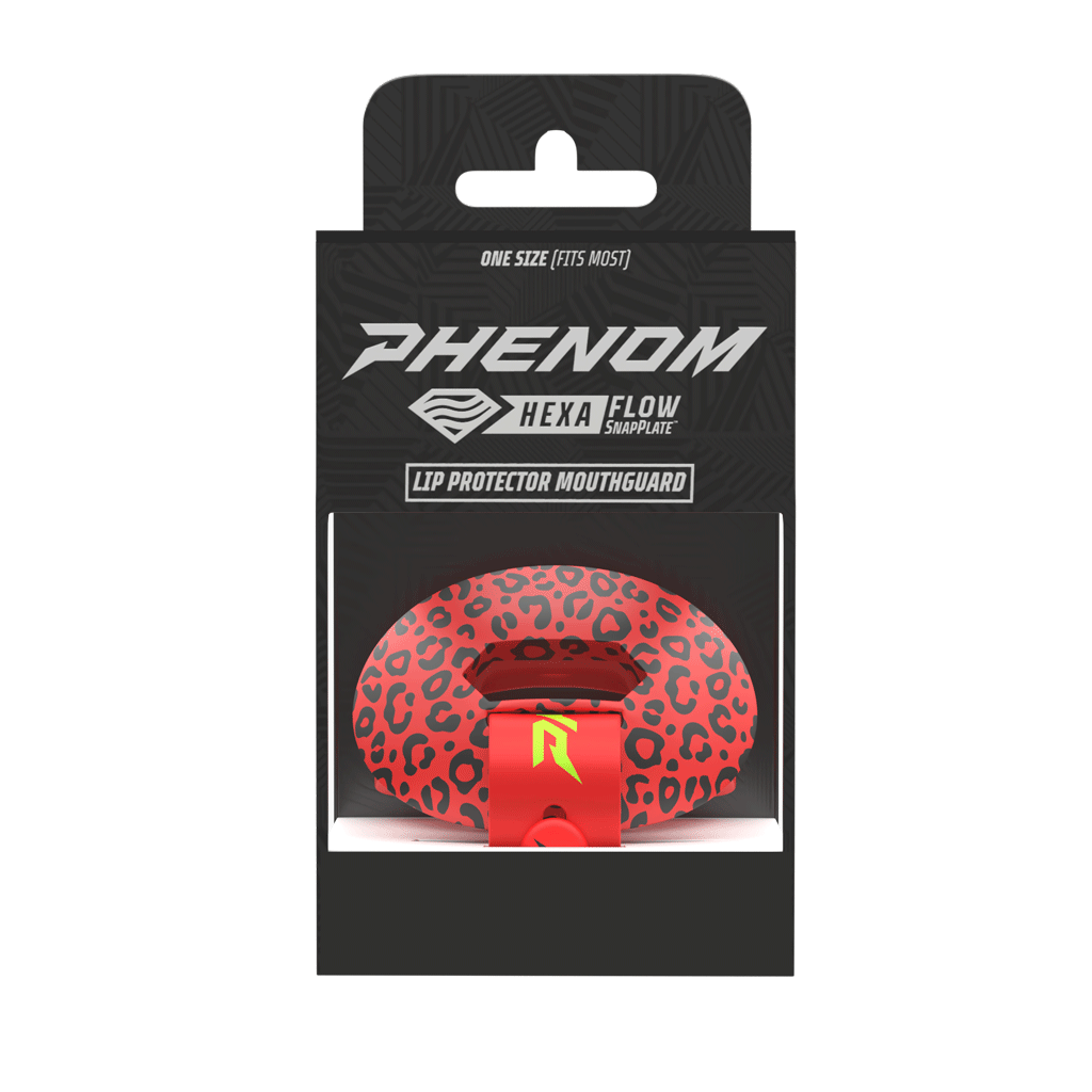 Phenom Elite HexaFlow 4.0 SnapPlate Red Leopard football mouthguard — packaged box shot with red leopard print SnapPlate overlay