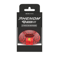 Phenom Elite HexaFlow 4.0 SnapPlate Red Leopard football mouthguard — packaged box shot with red leopard print SnapPlate overlay