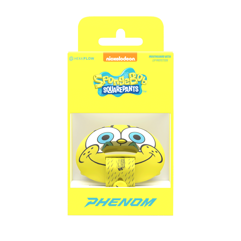 Phenom Elite x Nickelodeon SpongeBob HexaFlow 4.0 SnapPlate football mouthguard — licensed yellow SpongeBob SquarePants design