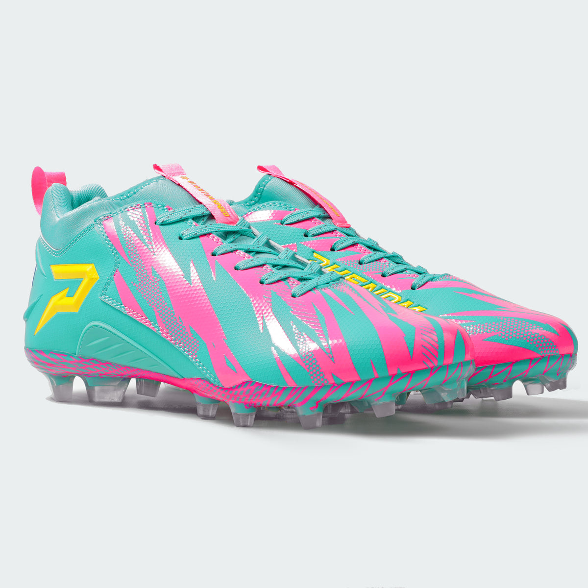 Phenom Elite x Kool-Aid Sharkleberry Fin football cleat — Quantum Speed teal low-cut speed cleat, hero shot