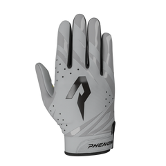 Phenom Elite Warhawk Vapor-Stick football gloves — grey receiver gloves, backhand view of Vapor-Dri shell with F-14A panel detailing
