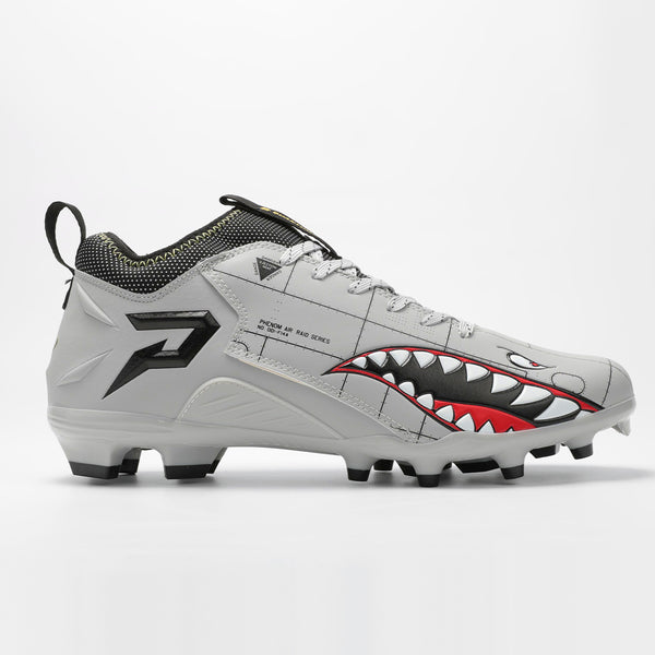 Phenom Elite Warhawk football cleat — single shoe side profile, F-14 fighter jet panel detailing