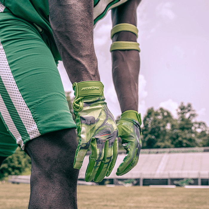 Green and gold football deals gloves