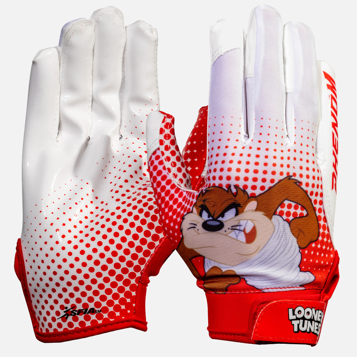 Maroon and white football top gloves